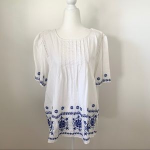 Loft White Pintuck Embroidered Blouse